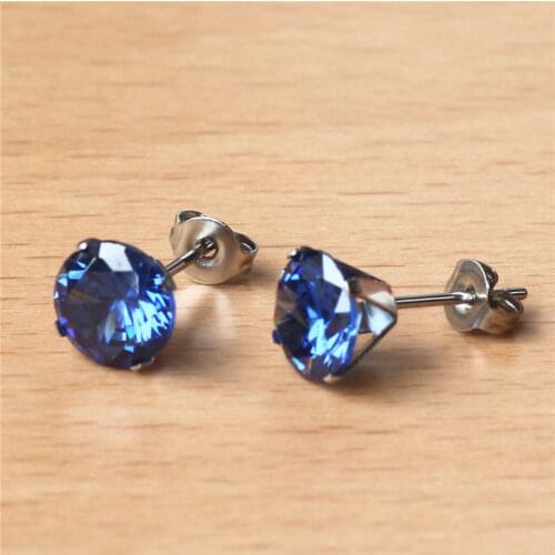 316 L Stainless Steel With 8mm Round AAA Tanzania Blue Zircon Stud Earrings For Men And Women 201903011420