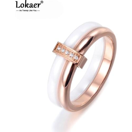 Lokaer Original Titanium Stainless Steel Anniversary Rings Mosaic CZ Crystal White Ceramic Wedding Rings For Women Girls R17047