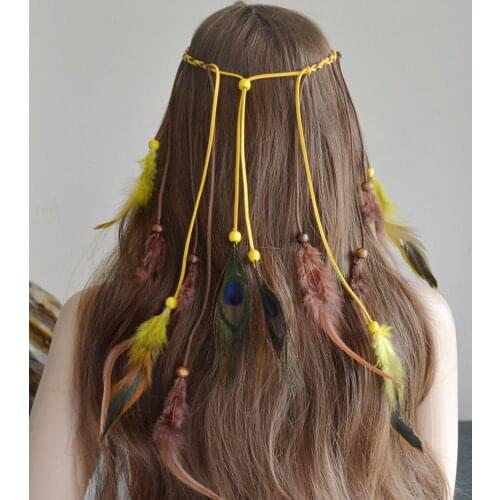African Style Feather Headband Women Headdress Bohemian Style Peacock Feather Beaded Handmade Hair Bands Gypsy Hair Accessories