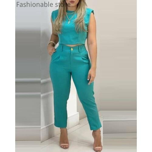 Women Solid Color Crop Top and High Waist Zipper Pocket Design Pants 2pcs Set