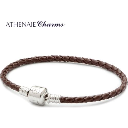 ATHENAIE Brown Single Braided Leather 925 Sterling Silver Snap Clasp Bracelet Fits European Women Charm Bead