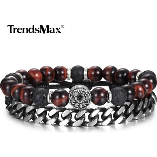 2pcs Mixed Bracelets Stainless Steel Curb Cuban Link Leather Bracelet Tiger Eye Stone Black Lave Bead Adjustable Jewelry DLBF59