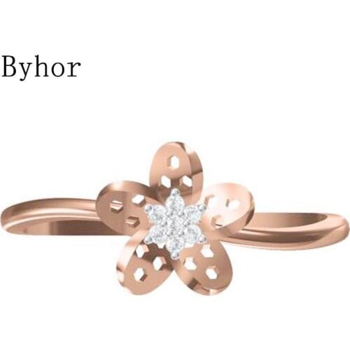 Byhor Solid 14K White+Rose Gold 0.028ct H/SI Natural Diamonds ring Women Engagement gift кольца Wedding band trendy flower ring