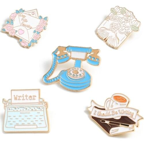 Vintage Typewriter Telephone Enamel Pin Pink Flower Envelope Coffee Cup Lapel Brooch Clothes Collar Pin Lover Badges Writer Gift