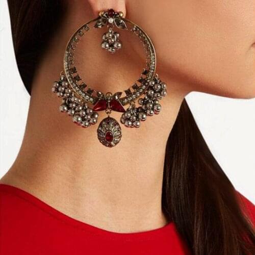 Hot Sale Luxury Vintage material tassel Pearl Earrings for Women gold Shiny Rhinestones Wedding Dangle Drop Earrings Bijoux