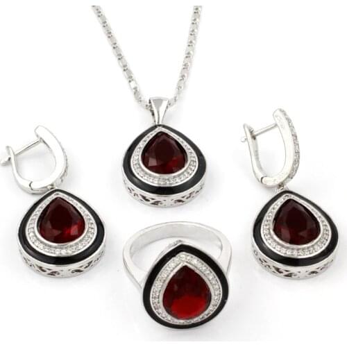 Hermosa Womens Fashion Jewelrys Set Silver Color Earrings Necklace Ring Size #8 Red Lady GIFT Free Shipping
