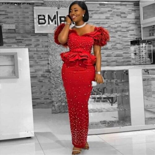 Custom Prom Dresses Pearls robes de Sheath Prom Dress Ruffle Feather Sleeve African Evening Dress vestido de festa