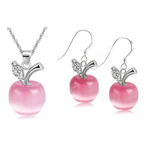 Fast Shipping Genuine Pure S925 Sterling Silver Red Apple CatS Eye Stone CZ Necklace Pendant Earrings Jewelry Sets