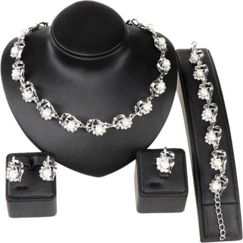 Elegant Simulated Pearl Bridal Jewelry Sets Wedding Jewelry Leaf Crystal Silver Color Necklaces Earrings Bracelet Ring Sets