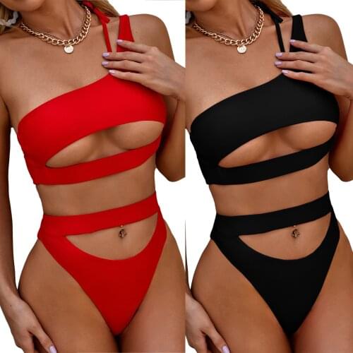 Tight Women Two Piece Suit Bikini Set, Single Should Bandage Cut Out Bra Navel Cut Out Briefs for Beach