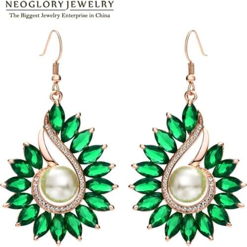Neoglory Austrian Rhinestone Rose Gold Color Green Zircon Charm Drop Earrings For Women Simulated Pearl 2020 New Fashion Pea