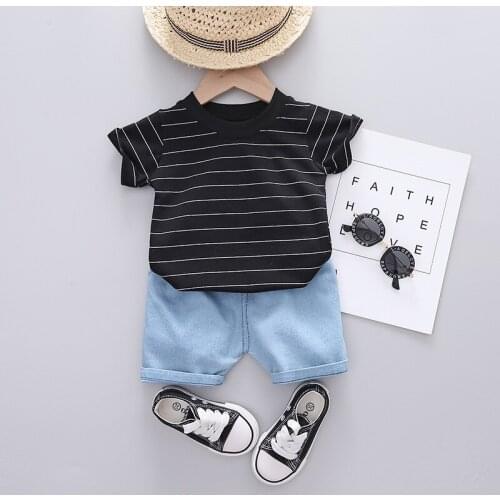 New Summer Baby Boys Girls Fashion Clothing Sets Toddler Infant Stripe T-Shirt Denim Shorts Children Kids Casual Clothing Suits