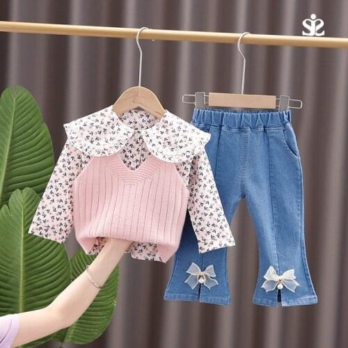 Girls Outfits Girls Autumn Clothes Sweet Floral shirt Knitted sweater vest jeans Casual 3-piece set Toddler Baby Girl Tracksuit