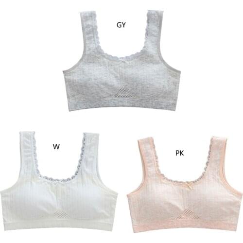 Teenage Young Girl Cotton Training Bra Mesh Patchwork Lace Solid Color Bralette Ribbed Bowknot Wireless Padded Puberty Vest 54DA