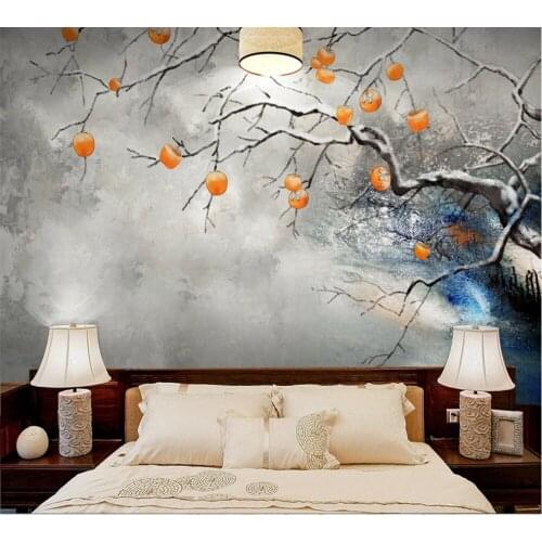 Custom 3D wallpaper mural new Chinese background wall persimmon Ruyi hand-painted ink tree TV background wall