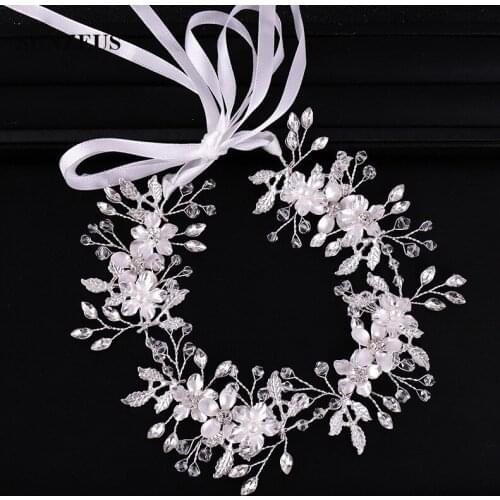 Silver Metal Leaves Bridal Headband 2019 New Hand-made Wedding Chain Beads Flowers Bride Sash Woman Accesoires SQ0331