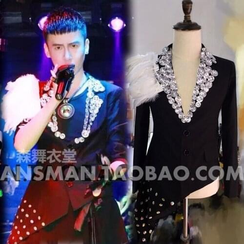 S-5xl 2020 Men Fashion Dj Diamond Feather Irregular Slim Small Suit Coat Singer Stage Costumes Brand Fashion Men Suits