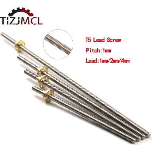 T5 Lead Screw+ Brass Nut For DIY 3D Printer Parts Picth 1mm Lead 1mm 2mm 4mm Length 100mm 200 300 500 600 Mm 1000mm