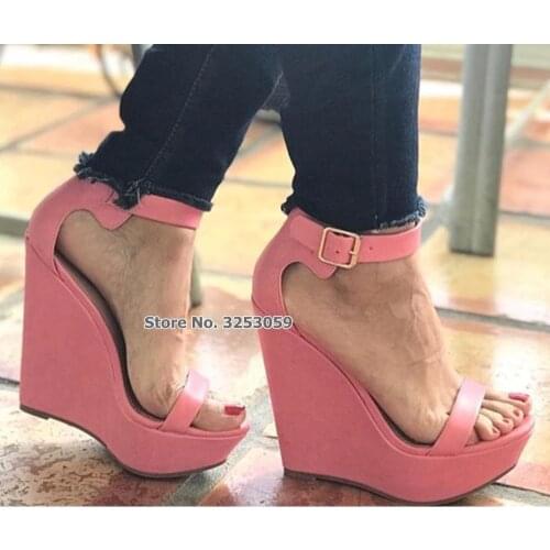 ALMUDENA Women Pink Nude Matte Leather Wedge Heel Sandals Buckle Strap High Heel Pumps Platform Elegant Weddig Shoes Dress Pumps