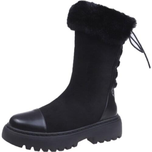 Winter womens warm snow boots British style mid-tube back lace-up platform boots