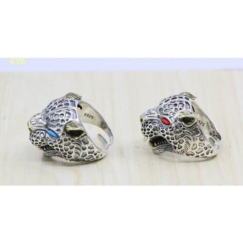 100%925 silver sterling silver leopard large ring, wide face male retro adjustable ring