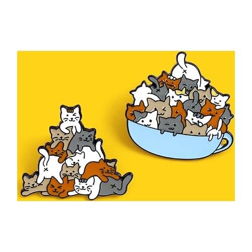 Hey cat family Coffee Cup A of Enamel Pin Cat Brooches Bag Lapel Pin Cartoon Animal Kitten Badge Jewelry Gift for Kids Friends