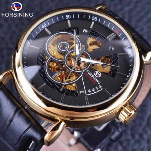 Forsining Transparent Case Self Wind Black Golden Men Taste Automatic Skeleton Watches Top Brand Luxury Casual Wear Genuine Belt