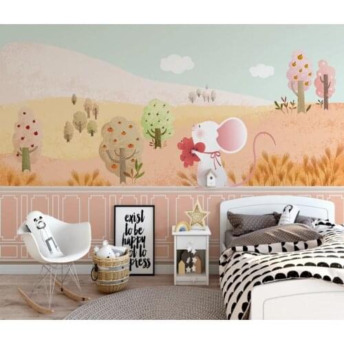 Customized cartoon golden forest scenery cute tree blue sky childrens room background wall painting wallpaper