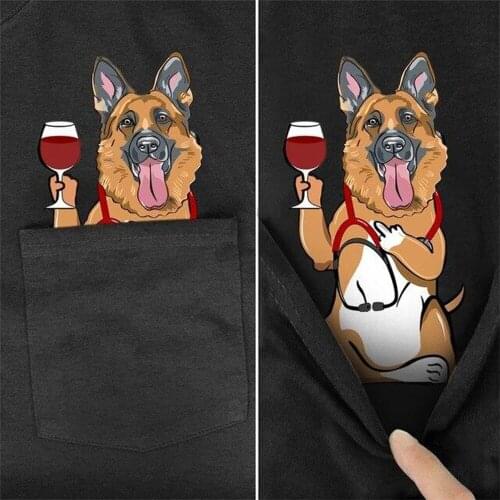 CLOOCL Pure Cotton T-Shirt Fashion Summer Pocket German Shepherd Drink Red Wine 3D Printed Shirt Hip Hop Casual Tops Cotton Tees