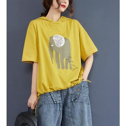 Korea Fashion Hooded Print Letter Street Style Loose Girls Summer T Shirts 100% Cotton Women Tops Casual T Shirts Tees Shirts