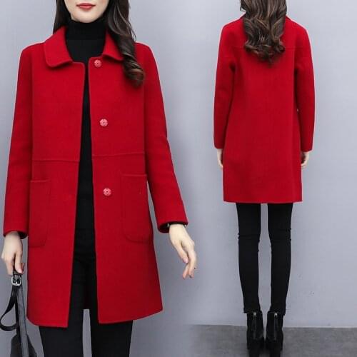 Red woolen coat female Korean 2020 new autumn winter loose thicken warm overcoat plus size casual womens Wool & Blends Jackets
