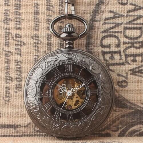 10pcs/lot Steampunk Black Hollowed skeleton Mechanical Pocket Watch Roman Dial Double Opened Flip Women Men Pocket Watches
