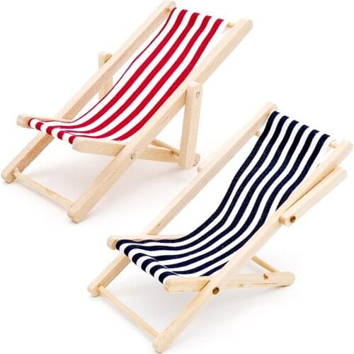 Odoria 1:12 Miniature Foldable Beach Chair Red/Blue Stripe Wooden Furniture Dollhouse Accessories