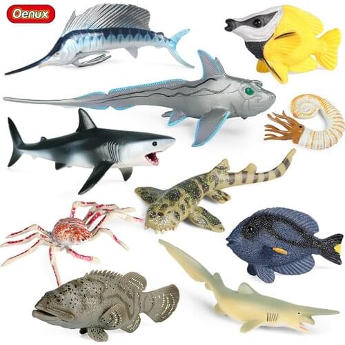 Oenux Simulation 10PCS Ocean Crab Great Shark Nautilus Sea Life Animals Model Action Figures PVC Miniature Educational Kids Toys
