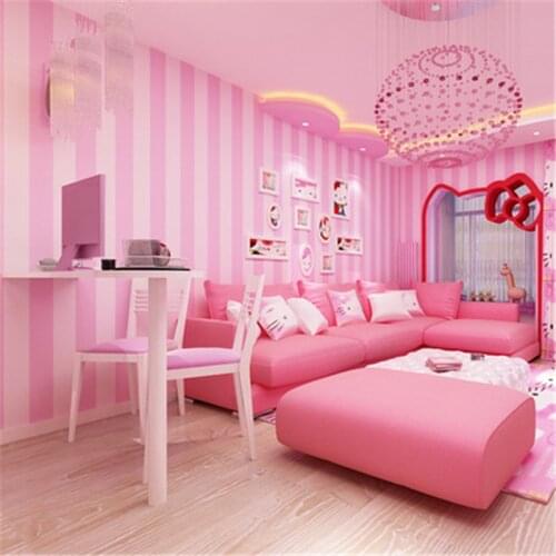 Beibehang Pink stripe children princess room wallpaper Korean warm bedroom modern minimalist wallpaper non-woven living room