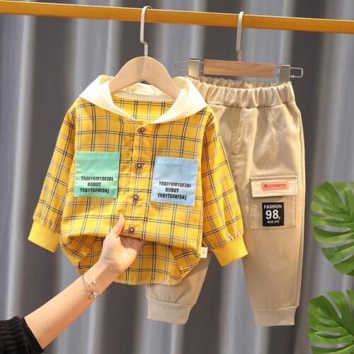 Autumn Spring Fashion Baby Infant Clothing Suit Boys Clothes Casual Plaid Hooded Coat +Tooling Pants Toddler Girls Outfits Sets