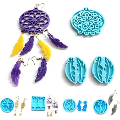 Earrings Epoxy Resin Mold Eardrop Dangler Pendant Silicone Mould Dream Catcher Wings Couple Cat Ice Cream Tassel Earrings Mold