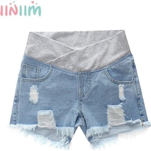 Pregnant Women Shorts Summer Wear Maternity Low-Waisted Denim Ripped Shorts Support Belt Loose Short Pants for Pregnancy Clothes