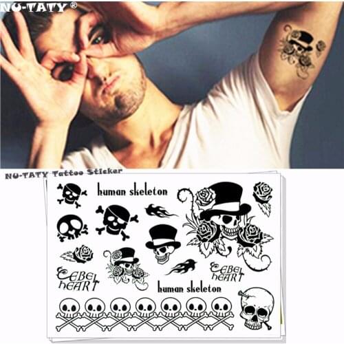 Nu-TATY Black Skull Gentleman Temporary Tattoo Body Art Flash Tattoo Stickers 17*10cm Waterproof Fake Tatoo Styling Sticker