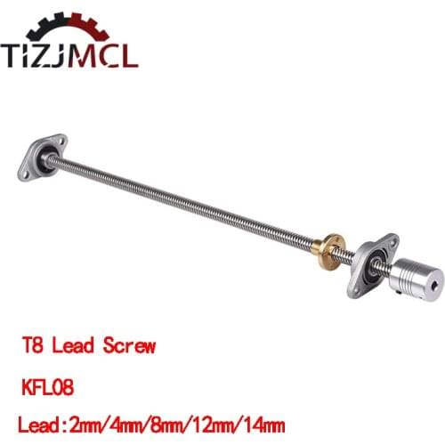 3D Printer Parts T8 Lead Screw Set Lead 8 Pitch 2mm Trapezoidal Screw +Brass Nut+Coupling D19L25 5*8mm+2Pcs KFL08 Support Block