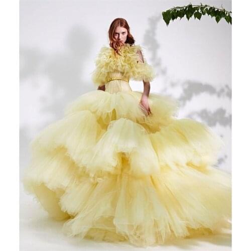 Princess Yellow Prom Dress Sleeves Mulitlayered Ruffles Sash Evening Dress Custom Made Long Length Party Dress