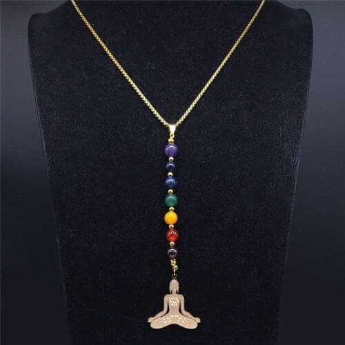 Yoga Buddha 7 Color Chakra Stone Stainless Steel Chain Necklaces Women Gold Color Long Necklaces Jewelry gargantilla NXS04