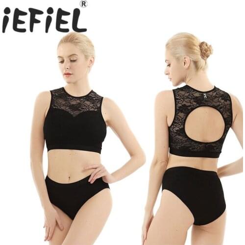 Women Ballet Dance Set Activewear Lace Suits Hollow Out Crop Tops with Hot Shorts Underwear for Pole Active Dancewear Exercise