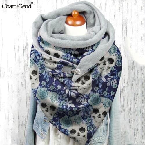 Floral Skull Print Punk Goth Scarf women Warm Square Scarves Button Clasp Neck Wrap Pashmina Stole Woman Winter Neckerchief