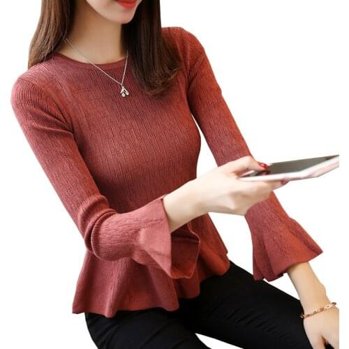 Women Sweater 2020 New Autumn O Neck Flare Sleeve Women Pullovers Winter Slim Bottoming Kintted Sweater Tops pull femme hiver