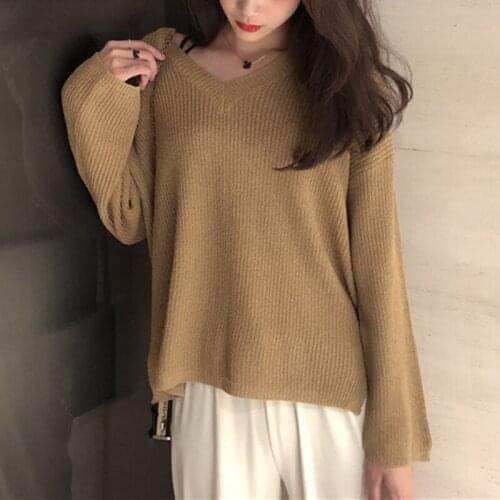 Trendy Fad Autumn Winter Womens Knitwear Sexy V-Neck Pullover Minimalist Jumper Korean Knitted Split Sweaters SW19102