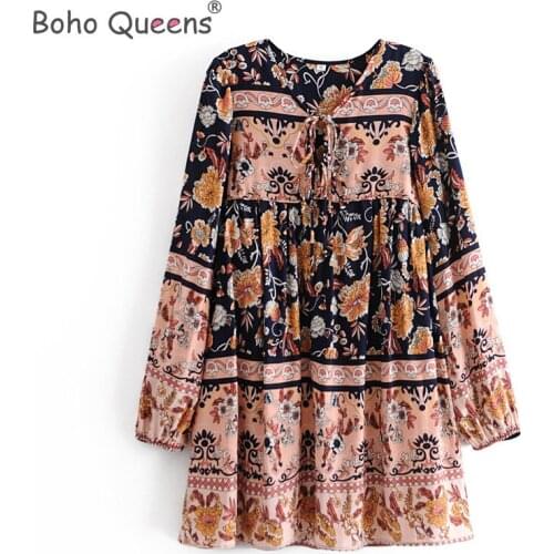 Boho Queens women tie neck floral print tassel beach Bohemian mini dress Ladies ethnic cotton happie Boho dress vestidos