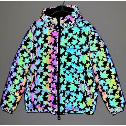 Winter Clothes Women Hooded Colorful Reflective Cotton Jacket Laser Color Maple Leaf Cotton Jacket Trendy Thicken Jacket
