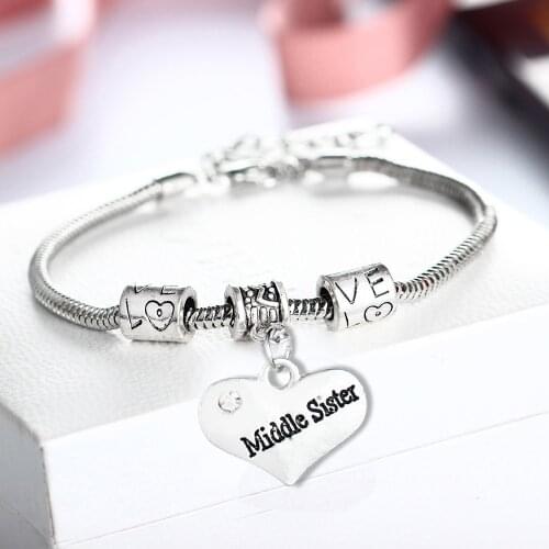 12PC/Lot Love Heart Crystal Middle Sister Sis Bracelet Gifts Love Beads Chain Bangle Women Family Friends Jewelry BFF Friendship