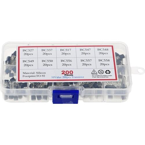 200pcs/Box 10 Values 20 Each TO-92 Transistor Assortment Kit set BC327 BC337 BC517 BC547 BC548 BC549 BC550 BC556 BC557 BC558
